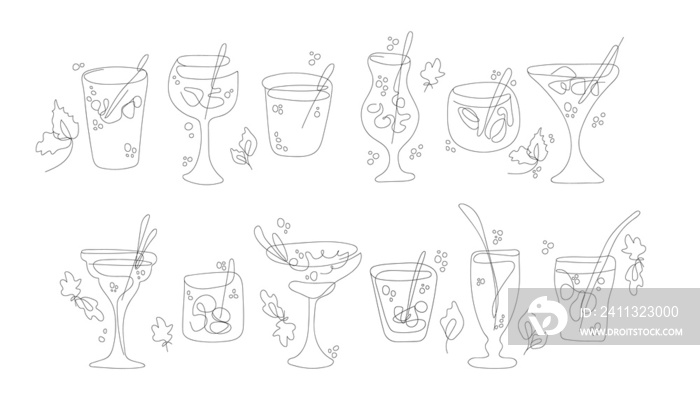 Design linear template logos or emblems - hands in different gestures glass of drink. Abstract symbol for cafe and bar