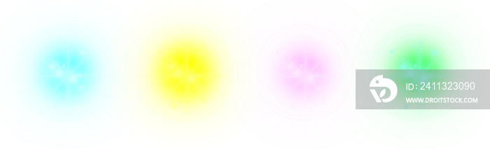 Light effect of lens flares. set of four green, red, purple and blue glowing lights starburst effects. PNG image.