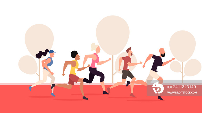 Active people characters running marathon distance. Healthy lifestyle concept, summer outdoor. Athlete, sprinter-sportsmen and sportswomen run marathon, sprint race. Flat, cartoon, trendy, vector EPS.