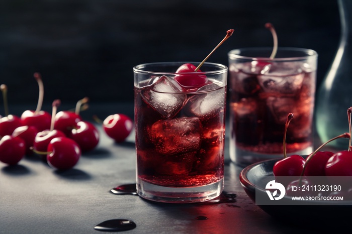 Cherry Coke Soda with Ice Cubes and Fruit  Summer Cold Beverage