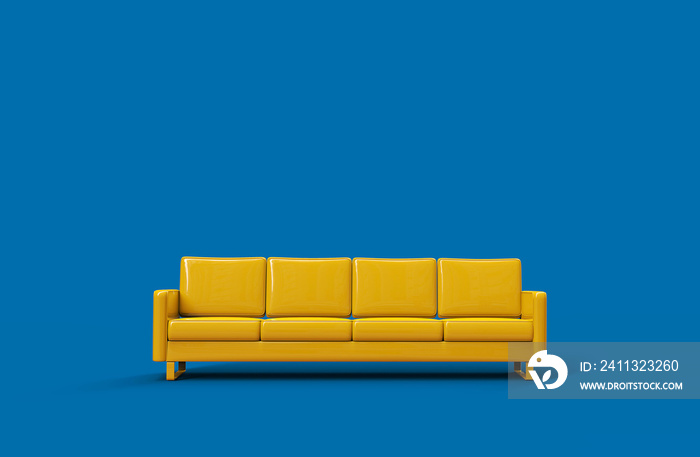 Yellow leather sofa isolated on blue background. 3d rendering