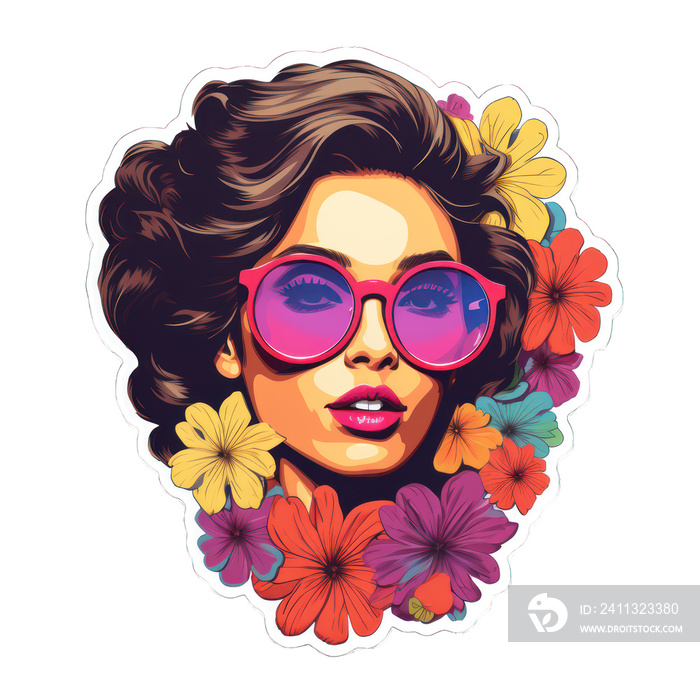 female energy flower power illustration sticker, woman surrounded by flowers