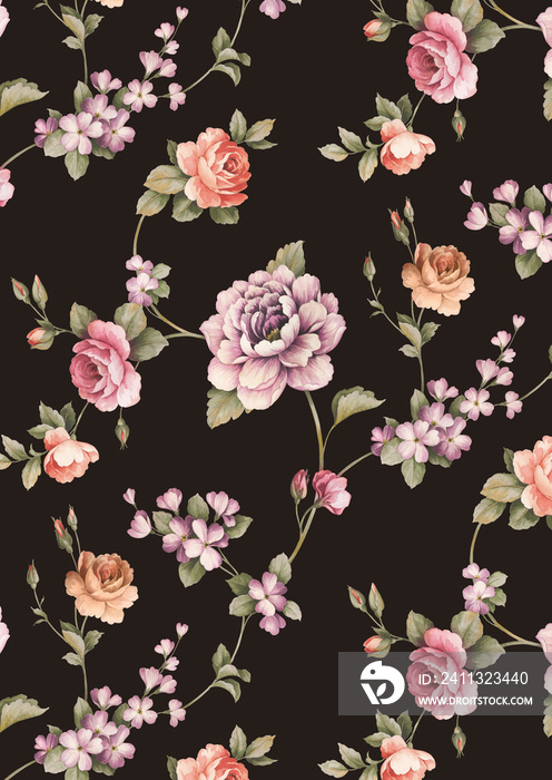 Seamless watercolor floral pattern - pink blush flowers elements, green leaves branches on dark black background; for wallpapers, postcards, greeting cards, wedding invites, romantic events.