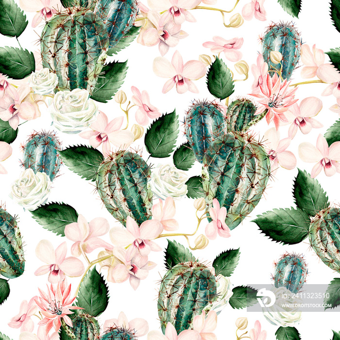 Watercolor pattern with cactus, rose and orchids .