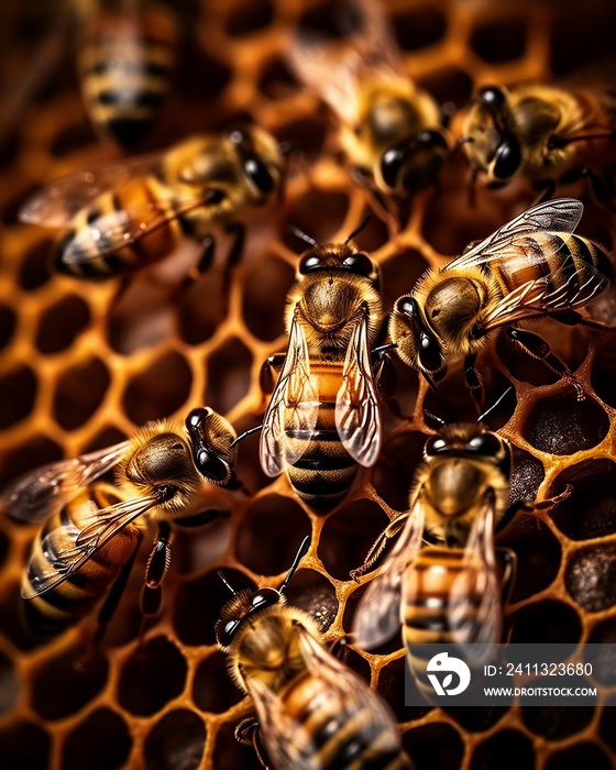 Bee honeycombs with bees on them and pollination