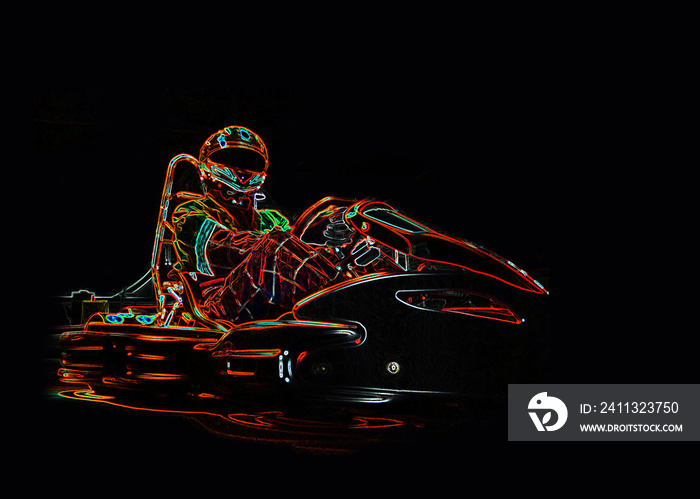 Neon racer sitting on a go-kart. Place for an inscription.