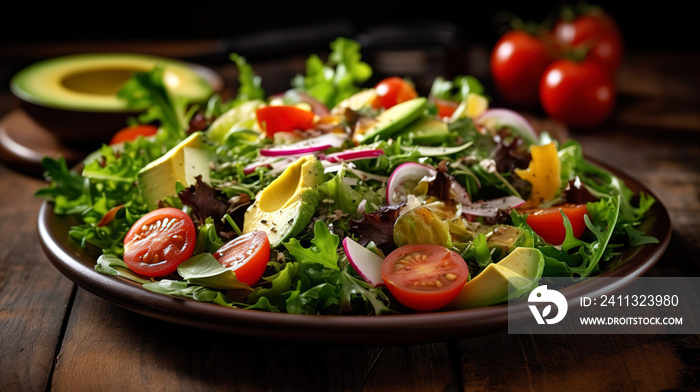 Colorful, healthy salad composed of mixed greens, cherry tomatoes, avocado slices, and a light vinaigrette dressing.