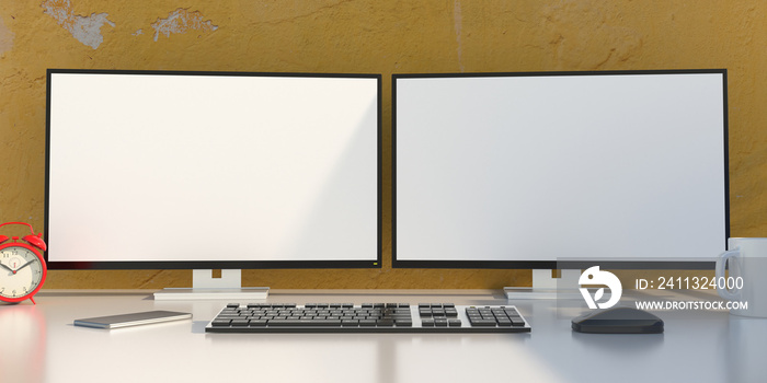 Blank screens on a computer desktop monitors, yellow color wall background. 3d illustration