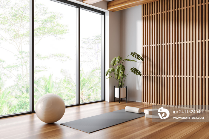 White and wooden panoramic yoga studio