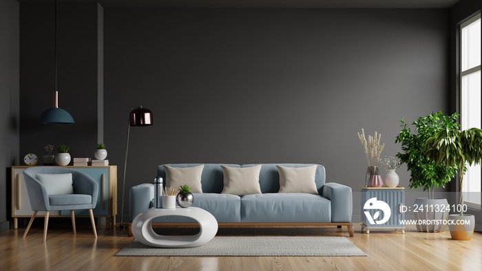 The interior has a sofa and armchair on empty dark wall background.