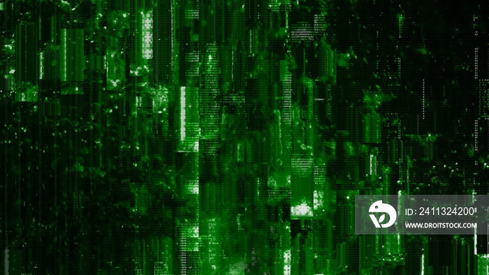 Psychedelic green looped HUD interface with abstract and trippy digital code. Concept glitch background as cyberpunk computer meltdown overlay with fragments and hex code of alien communication decryp