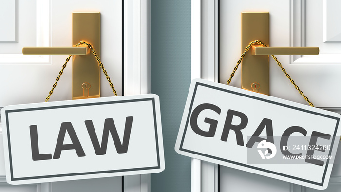 Law or grace as a choice in life - pictured as words Law, grace on doors to show that Law and grace are different options to choose from, 3d illustration