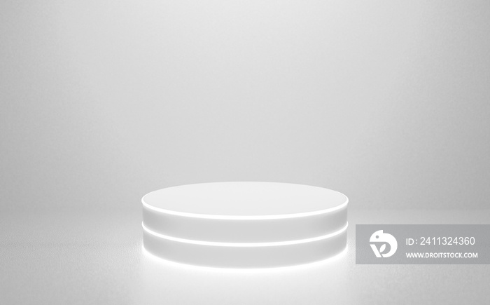 3d white podium abstract background with neon shining light for banner, display on website. Round pedestal isolated on white background with glow light. luxury minimal interior. White cylinder.