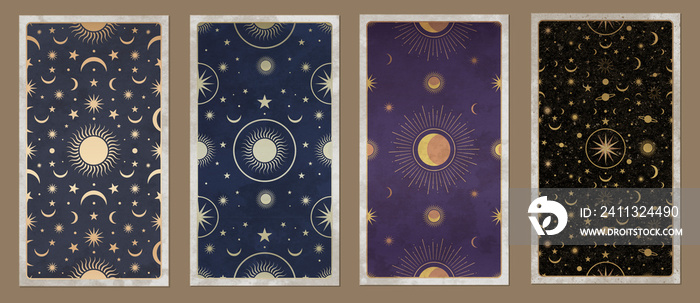 Set of tarot playing cards backs with esoteric designs isolated