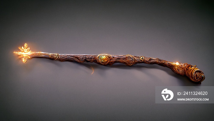 A magical wooden wand 3D render. Magical glow with studio background magic wand.