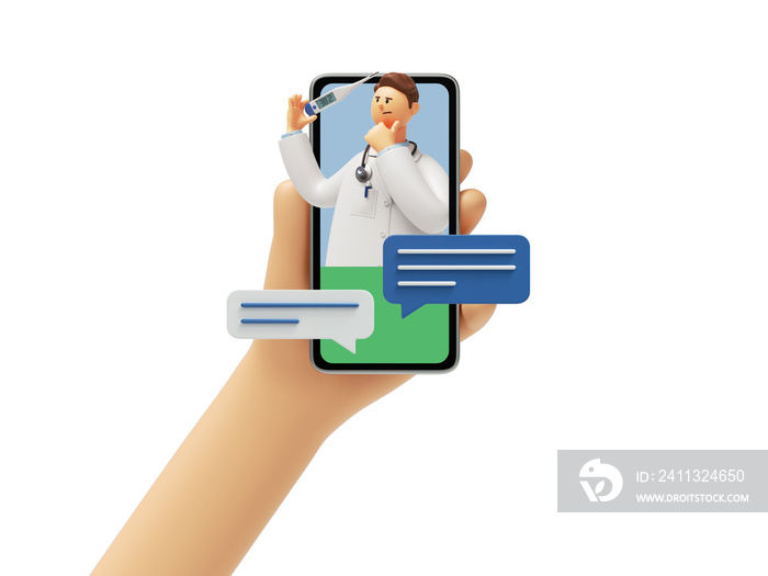 3d rendering. Cartoon character doctor holds thermometer, online consultation. Cartoon character hands hold smart phone device. Medical clip art isolated on white background