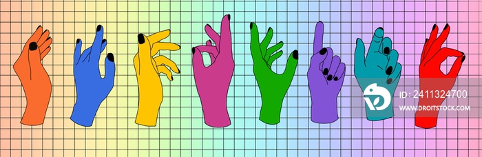Set of female hands in various gestures, color pattern. Collage of contemporary art.