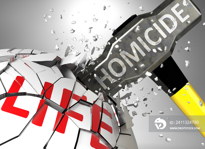Homicide and destruction of health and life - symbolized by word Homicide and a hammer to show negative aspect of Homicide, 3d illustration