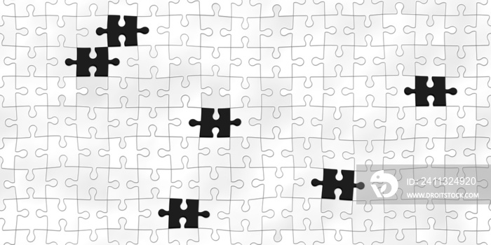 Seamless incomplete blank white jigsaw puzzle background pattern with black pieces missing. Creative problem solving, teamwork, business or hiring job board wallpaper backdrop. 3D rendering. .