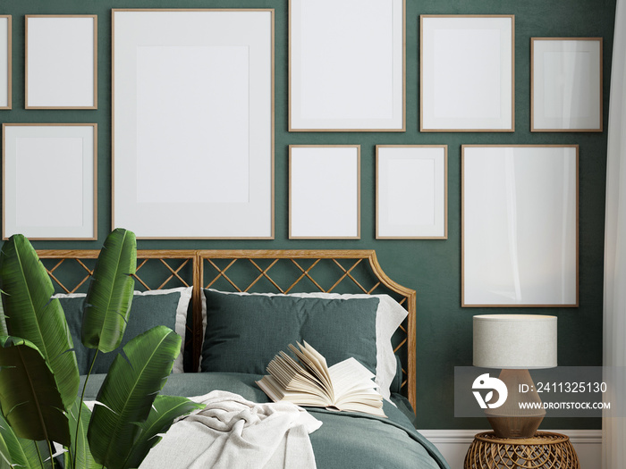 Gallery wall mockup, Frame mockup in modern bedroom interior, 3d render