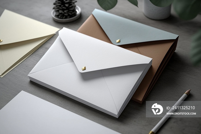 White envelopes on the table. An envelope or envelope is a covering made of paper or other material to store letters, documents or printed matter of any other nature to be sent by post.