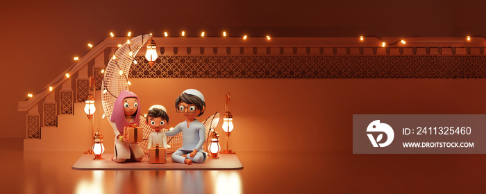 3D Islamic Family Sitting At Carpet With Gift Boxes, Lit Lanterns, Crescent Moon, Lighting Garland Decorated Railing And Copy Space For Muslim Community Festival Concept.