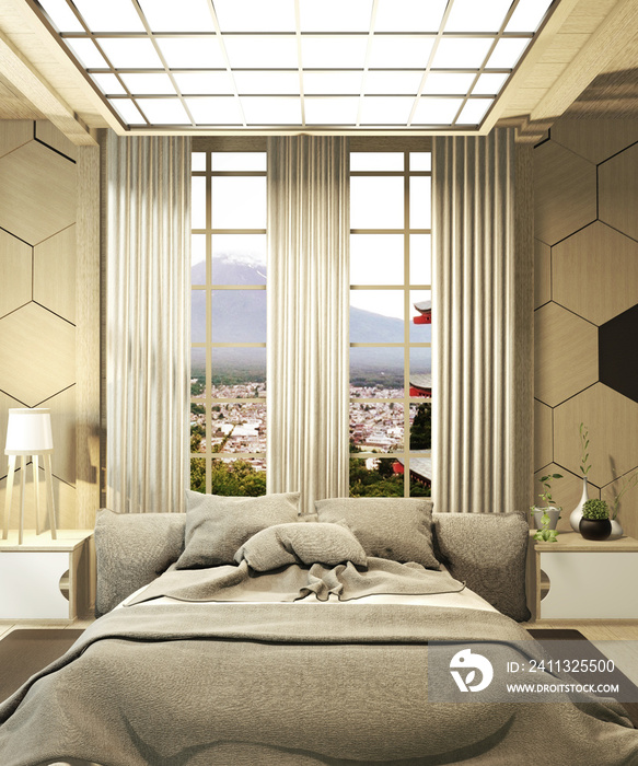 The modern bedroom is luxurious, Japanese style and looks at Mount Fuji in the window and can be edited with a view. 3D rendering