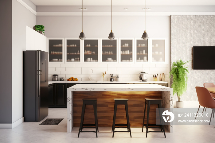 Luxury stylish modern large kitchen interior with furniture and kitchen utensils in an apartment home.