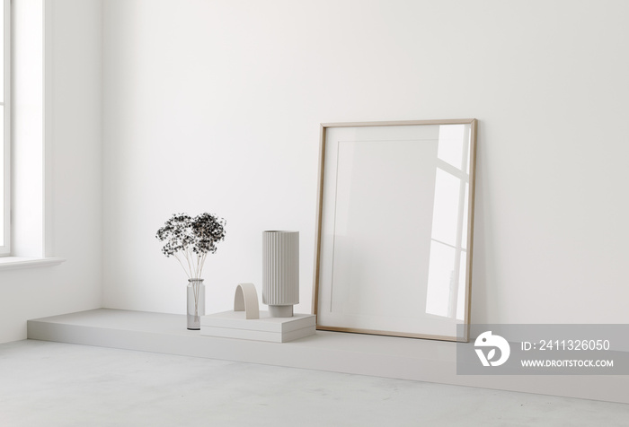 Frame mockup in empty white interior background, 3d render. Decor, books, vases with wooden frame