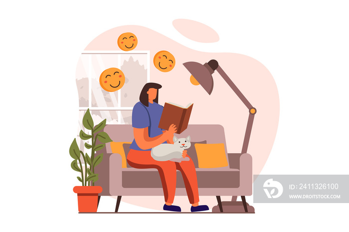People reading book web concept in flat design. Woman enjoys novel while sitting in sofa with cat at living room. Literature lover spends time with book. Illustration with people scene