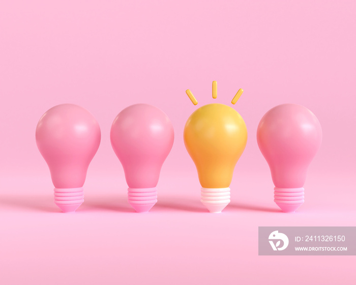 3d outstanding light bulb different pink light bulbs. creative thinking innovation concept. 3d render illustration cartoon minimal style. isolated on pink background. Turned off and glowing lamps.