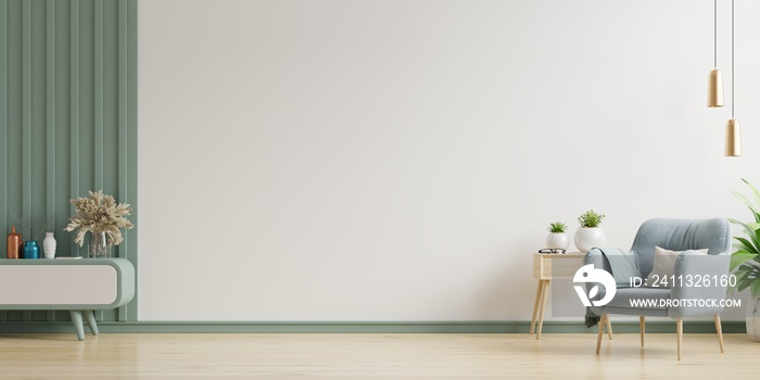 The interior has a armchair on empty white wall background.