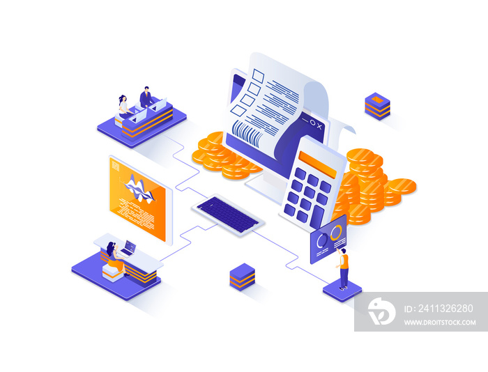 Accountant isometric web banner. Business accounting and audit isometry concept. Budgeting and tax calculation 3d scene, financial management flat design. Illustration with people characters.