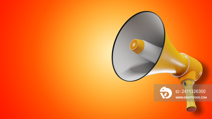 Yellow megaphone and place for text. Messages, notifications, advertising. Loudspeaker for important information. Bullhorn isolated on orange. Loud messages. Promotion collage in magazine style. 3d