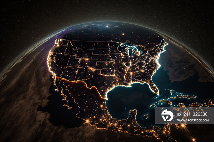 America at night viewed from space with city lights shown. Technology concept with background at night