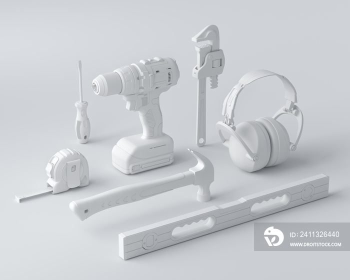 Isometric view of monochrome construction tools for repair on white