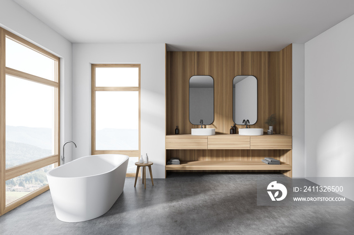 Modern white and wooden bathroom with tub and double sink, side view