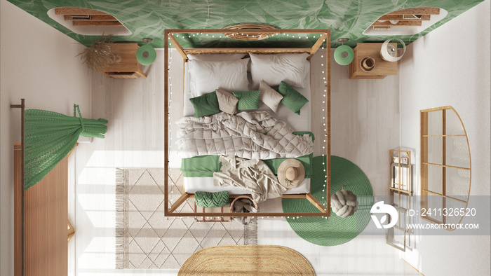 Bohemian bedroom with canopy bed in white and green tones. Parquet and natural wallpaper. Rattan and wooden furniture. Boho style interior design, top view, plan, above