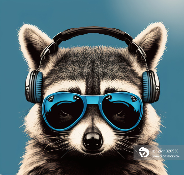 close up of a raccoon with headphone and sunglasses