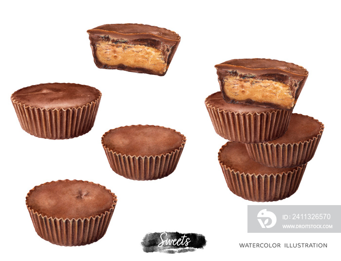 Watercolor illustration of peanut butter cups isolated on white background. Cups whole and cut set with peanut butter and chocolate