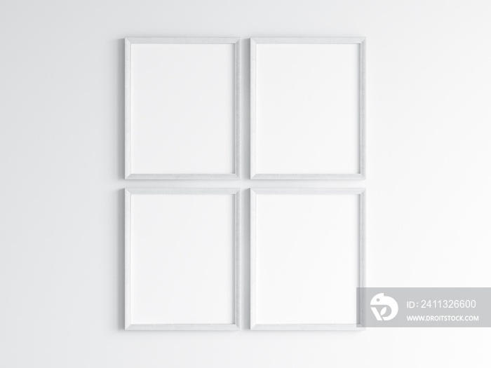 Four white frames on the wall, poster mockup, 3d render