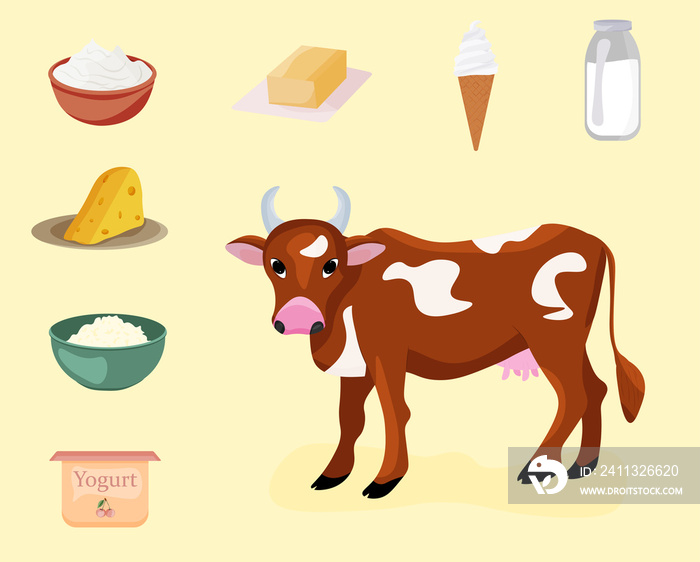 Dairy products: milk, cheese, ice cream, cottage cheese, yogurt, butter, sour cream.  illustration cow and dairy products.