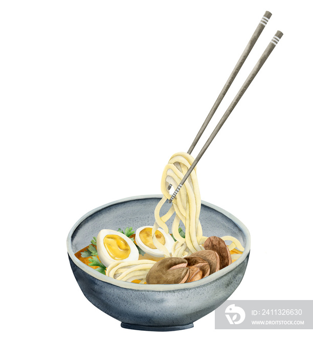 Beef ramen noodles soup with eggs, parsley in bowl. and chopsticks holding pasta. Watercolor illustration of Asian food