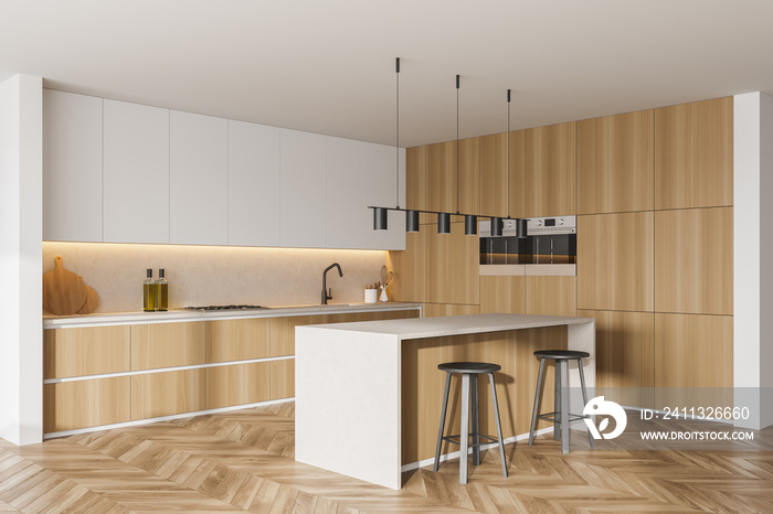 Wooden kitchen room with dining table and chairs, marble floor