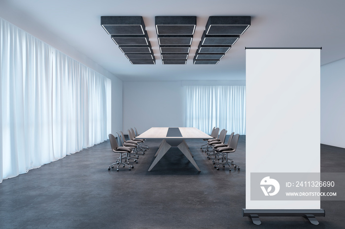 Modern conference room interior with blank white mock up roll up banner, furniture, concrete flooring and white curtains. Boardroom concept. 3D Rendering.