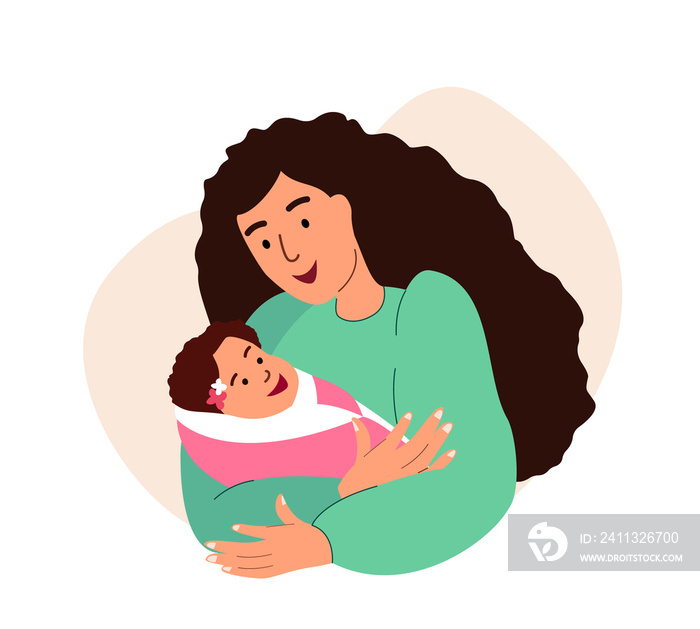 Mother holding and hugging newborn baby. Young mom cuddling wrapped infant with love. Woman parent with sleeping new born child in hands. Flat graphic vector illustration isolated on white background