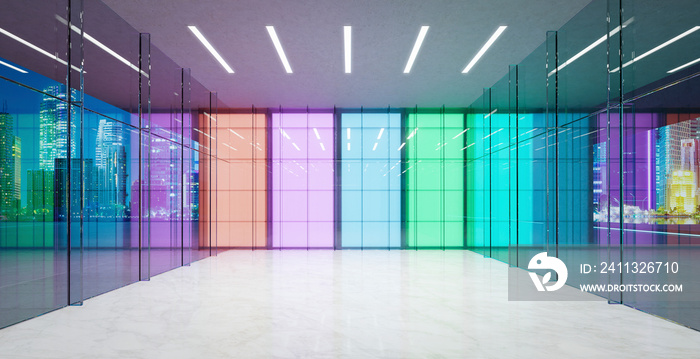 3d Modern colored gradient glass walls lobby waiting space