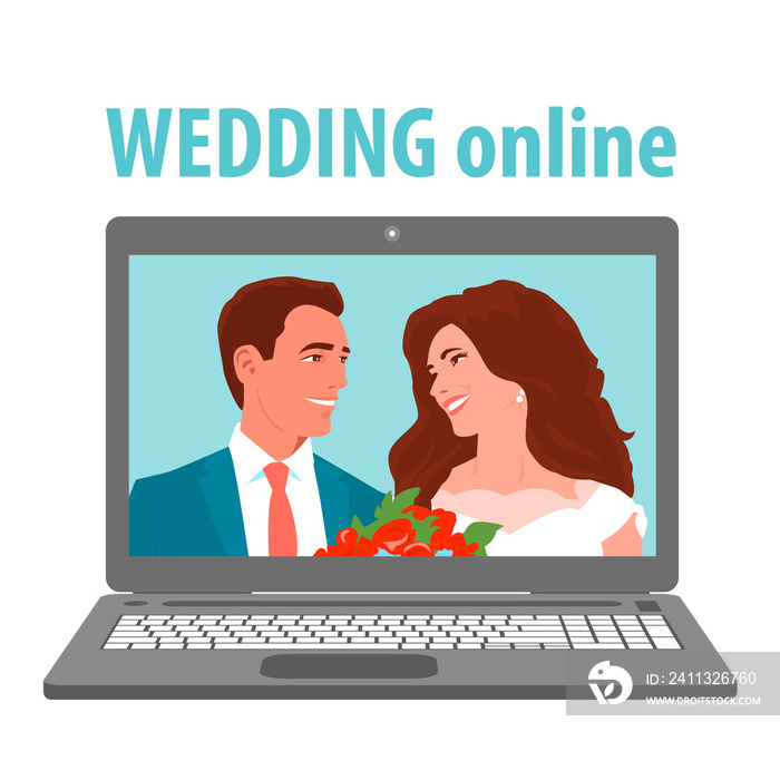 Wedding with the bride and groom online with a laptop in quarantine. Happy newlyweds on display by video calling. Illustration on white background