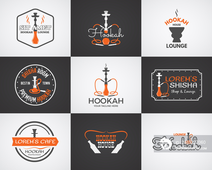 Hookah labels, badges and design elements collection. Vintage shisha logo. Lounge cafe emblem. Arabian bar or house, shop. Isolated on two backgrounds. illustration.