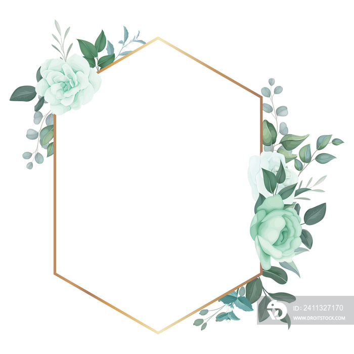 beautiful greenery floral frame with golden line